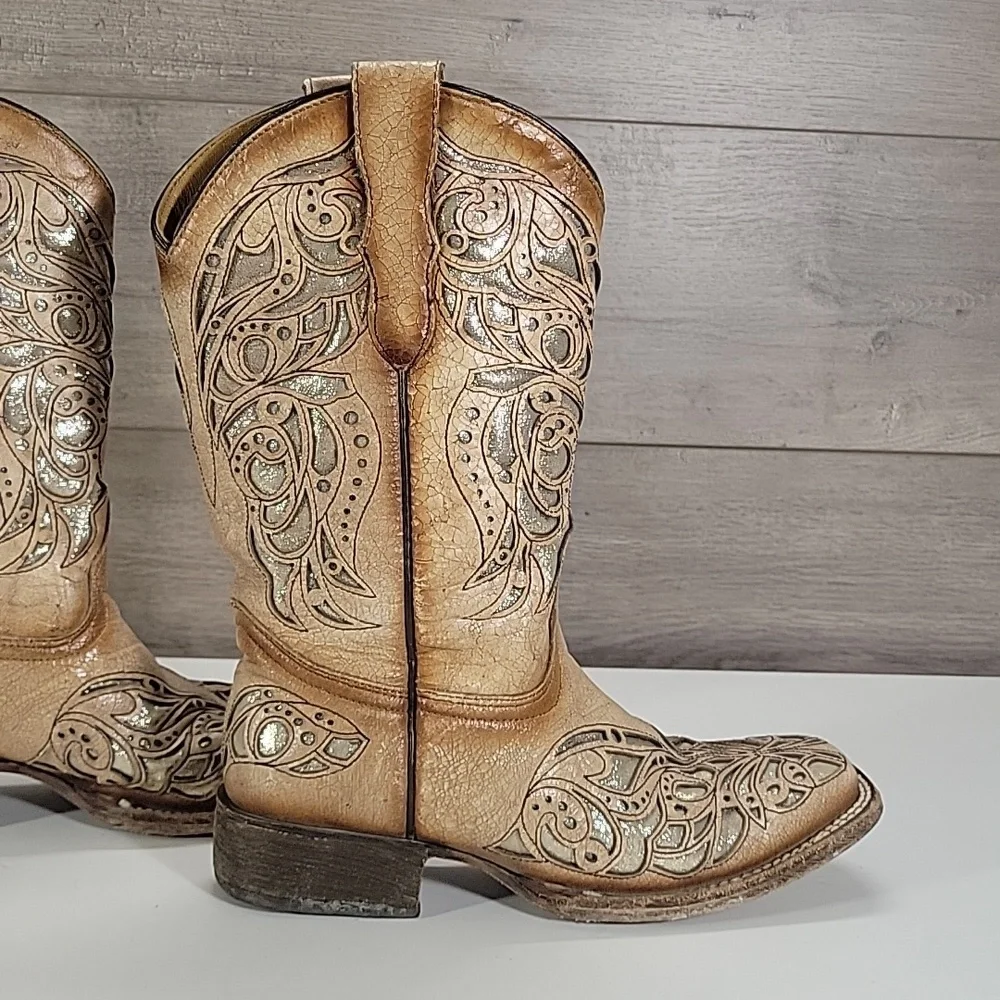 Girls Corral Tan Cut-Out Western Boots Sz 4.5